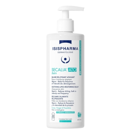 Un flacon pompe blanc étiqueté "ISISPHARMA Dermatologie SECALIA ATO Balm", un baume apaisant et restaurateur de lipides de 400 ml pour les peaux sèches, irritées et sujettes aux démangeaisons - idéal après l'utilisation de la palette NYX Professional Makeup Fards à Paupières Warm Neutrals 12.8g. Dakar