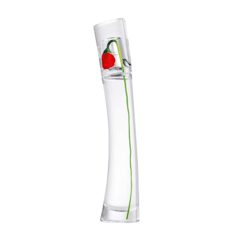 Un flacon de parfum transparent aux courbes élégantes avec une seule fleur rouge à l'intérieur
