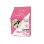 Coffret rose et blanc de Waam Kit Sérum Booster Croissance de Cils avec une image de baguettes de mascara et un petit flacon. Texte en français. Parfait pour ceux de Dakar qui recherchent une solution beauté pas cher.