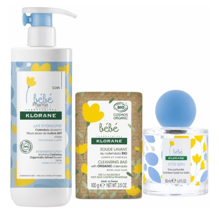 Le coffret « Ma Première Gamme Bébé » de KLORANE comprend trois produits : un lait de 750 ml dans un flacon pompe, un savon dans une boîte et un parfum (petit flacon), tous ornés de ravissants motifs floraux jaunes et bleus. Dakar