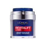 Un pot bleu et argent de L’Oréal Crème de nuit Revitalift Anti-rides Soin Rétinol + Niacinamide 50 ml est présenté sur un fond blanc. Dakar