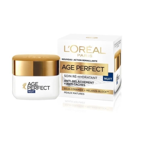 Un pot et une boîte de L'Oréal Paris Crème de Nuit Age Perfect Soja Céramide 50 ml pour les peaux matures, dans un emballage or, blanc et bleu avec un texte en français soulignant ses bienfaits anti-relâchement et anti-taches. Dakar