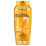 Un flacon de 250 ml de L'Oréal Paris Elvital Shampoing Öl Magique Soin Nourrissant Cheveux Secs, pour cheveux secs, en or translucide avec texte allemand noir et blanc. Dakar