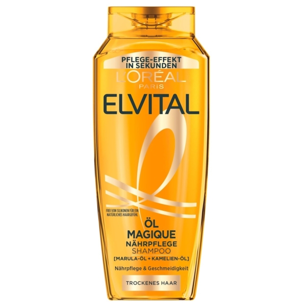 Un flacon de 250 ml de L'Oréal Paris Elvital Shampoing Öl Magique Soin Nourrissant Cheveux Secs, pour cheveux secs, en or translucide avec texte allemand noir et blanc. Dakar