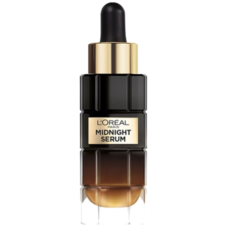 Le flacon de 30 ml du Sérum Anti-Âge Midnight Renaissance Cellulaire de L'Oréal Paris est doté d'un bouchon compte-gouttes noir, de touches dorées et d'un dégradé noir-ambre. L'étiquette du produit est centrée sur le flacon. Dakar