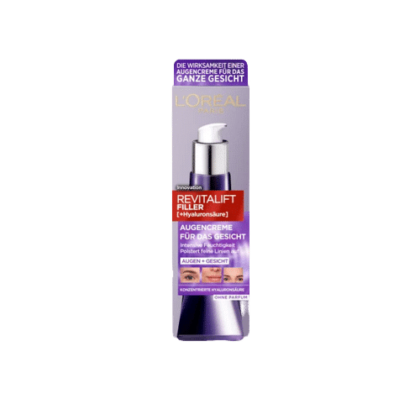Un contenant violet de L’Oréal Revitalift Filler Crème contour des Yeux pour l'Ensemble du Visage 30 ml en packaging allemand