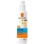 Un flacon blanc de 200 ml de LA ROCHE-POSAY Anthelios Dermo-Pediatrics Brume Solaire Invisible SPF50+ avec un distributeur à pompe, avec des animaux de dessins animés et des accents orange et bleus sur l'étiquette. Dakar
