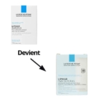 Deux boîtes de LA ROCHE-POSAY Lipikar surgras pain physiologique anti-dessèchement 150g sont représentées. La boîte supérieure présente l'ancien design, tandis qu'une flèche noire et "Devient" indiquent le nouvel emballage sur la boîte inférieure. Dakar
