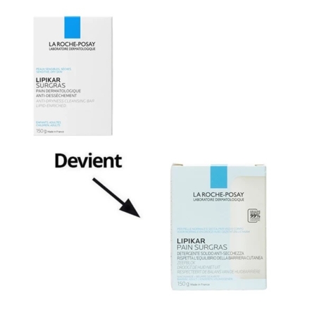 Deux boîtes de LA ROCHE-POSAY Lipikar surgras pain physiologique anti-dessèchement 150g sont représentées. La boîte supérieure présente l'ancien design, tandis qu'une flèche noire et "Devient" indiquent le nouvel emballage sur la boîte inférieure. Dakar