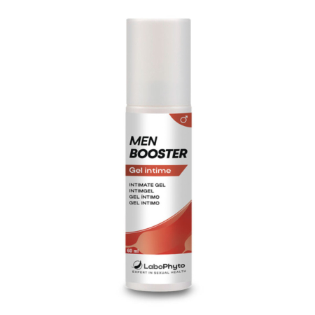 Un flacon de 60 ml blanc et rouge de Labophyto MenBooster Gel d'Érection, expert en santé sexuelle, avec un bouchon transparent et une étiquette multilingue. Dakar