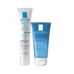 Deux produits de soin de la gamme EFFACLAR de La Roche-Posay sont présentés : un tube blanc d'Effaclar Duo+ - Gel Crème Visage et un tube bleu étiqueté « Effaclar Gel Moussant », tous deux mettant en valeur leur design minimaliste élégant. Dakar