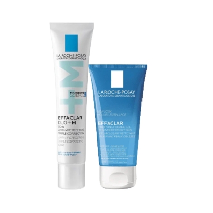Deux produits de soin de la gamme EFFACLAR de La Roche-Posay sont présentés : un tube blanc d'Effaclar Duo+ - Gel Crème Visage et un tube bleu étiqueté « Effaclar Gel Moussant », tous deux mettant en valeur leur design minimaliste élégant. Dakar