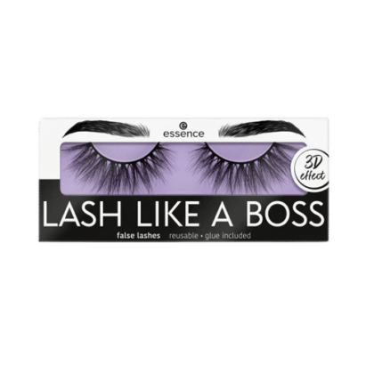 Paquet de faux cils étiqueté « Essence Cosmetics Faux Cils Lash Like 02 Limitless
