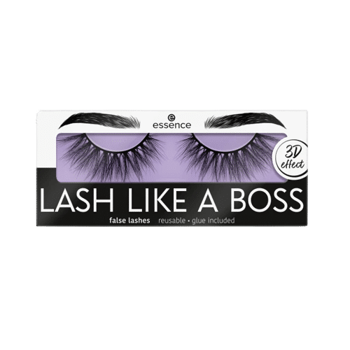Paquet de faux cils étiqueté « Essence Cosmetics Faux Cils Lash Like 02 Limitless