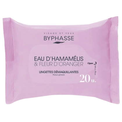 Un coffret rose de BYPHASSE Lingettes démaquillantes à l’eau d’hamamélis et fleur d’oranger, adaptées aux peaux grasses, contient 20 lingettes pour démaquiller le visage et les yeux. Dakar