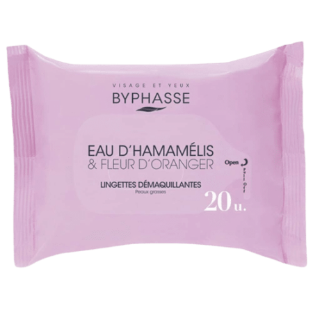 Un coffret rose de BYPHASSE Lingettes démaquillantes à l’eau d’hamamélis et fleur d’oranger, adaptées aux peaux grasses, contient 20 lingettes pour démaquiller le visage et les yeux. Dakar