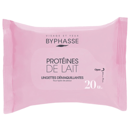 L'emballage des Lingettes démaquillantes protéines de lait tous types de peaux BYPHASSE 20u comporte l'inscription « Protéines de Lait », ce qui les rend idéales pour tous les types de peau. Chaque paquet contient 20 lingettes conçues pour démaquiller en douceur et nourrir votre peau. Dakar