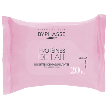L'emballage des Lingettes démaquillantes protéines de lait tous types de peaux BYPHASSE 20u comporte l'inscription « Protéines de Lait », ce qui les rend idéales pour tous les types de peau. Chaque paquet contient 20 lingettes conçues pour démaquiller en douceur et nourrir votre peau. Dakar