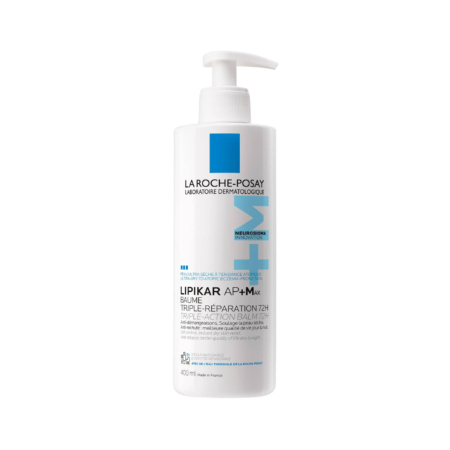 Flacon pompe blanc de 400ml de La Roche-Posay LIPIKAR AP+M Baume Peaux Tendance Eczema Atopique, avec un texte bleu et noir et le logo carré bleu signature, idéal pour un usage quotidien et offrant des bénéfices réparateurs triple action. Dakar