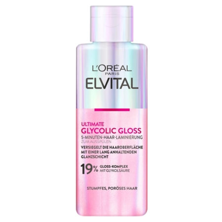 L'Oréal Elvital Ultimate Glycolic Gloss Soin Lissage Brésilien à l'Acide Glycolique 200 ml est un flacon rose irisé avec un texte en allemand, offrant une lamination capillaire en 5 minutes pour les cheveux ternes et poreux. Dakar