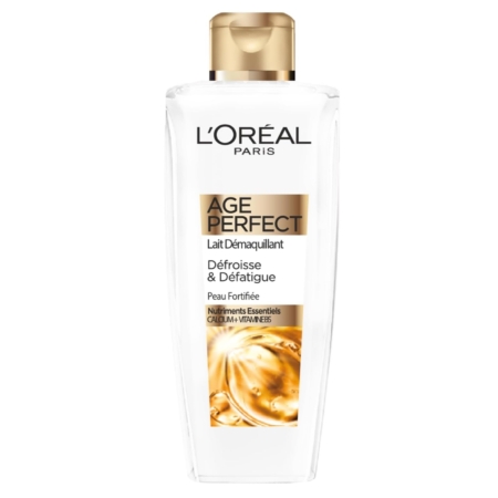 Un flacon de 200 ml de Lait Démaquillant Age Perfect de L'Oréal Paris avec un bouchon doré, présentant une élégante étiquette dorée et blanche ainsi qu'une image de liquide doré sur l'étiquette inférieure. Dakar