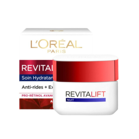 Un pot de L'Oréal Paris Revitalift Crème de Nuit Classique 50 ml avec un couvercle rouge et blanc est présenté devant sa boîte aux accents dorés, rouges et blancs. Dakar