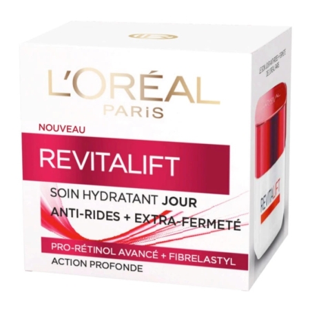 Une boîte de 50 ml de L'Oréal Revitalift Crème SPF30 de Jour Soin Hydratant Anti-Ride, offrant une hydratation anti-rides et une protection solaire dans un emballage blanc et rouge élégant. Dakar