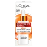 L'Oréal Serum Revitalift Clinical Vitamin C 30 ml contient 12% de vitamine C pure, de la vitamine E et de l'acide salicylique pour une peau plus lumineuse avec des pores et des rides réduits. Présenté dans une boîte blanche et orange avec un flacon compte-gouttes. Dakar