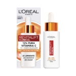 Une boîte et un flacon de L’Oréal Sérum Revitalift Clinical Vitamine C 30 ml, comprenant un flacon compte-gouttes blanc et orange contenant 12 % de vitamine C pure et d’acide salicylique à côté de son emballage assorti. Dakar