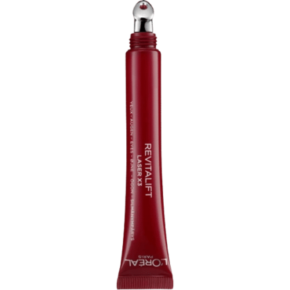 Tube rouge de crème contour des yeux L’Oréal Revitalift Laser X3 Acide Hyaluronique Contour des Yeux Anti Age Et Poche 15 ml avec un embout applicateur métallique
