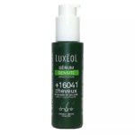 Un flacon de 50 ml de LUXEOL Sérum Pousse Cheveux avec une pompe blanche et une étiquette verte, affichant un texte sur la densité des cheveux, la phase de croissance et un diagramme montrant l'augmentation de la densité des cheveux. Dakar
