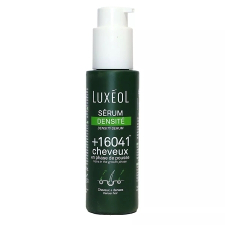 Un flacon de 50 ml de LUXEOL Sérum Pousse Cheveux avec une pompe blanche et une étiquette verte, affichant un texte sur la densité des cheveux, la phase de croissance et un diagramme montrant l'augmentation de la densité des cheveux. Dakar