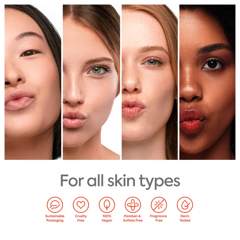 Quatre femmes de diverses ethnies à la peau claire posent côte à côte en faisant des grimaces. Ci-dessous, des icônes montrent que Dodie Biberon Tétine Plate Débit Moyen Air Plastique 270 ml est durable, cruelty-free, vegan, sans paraben/sulfate, sans parfum et testé par des dermatologues. Dakar