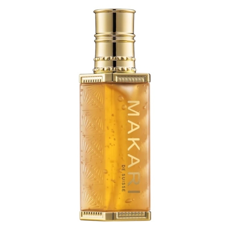 Un flacon rectangulaire or et ambre de Makari Sérum Réparateur et Clarifiant pour la Peau avec un motif et un bouchon or, présenté à côté de Dodie 30 Coussinets pour une touche d'élégance dans votre routine quotidienne. Dakar