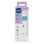 Le biberon anti-colique MAM Easy Start pour nouveau-nés (0+ mois) en bleu et blanc avec des motifs d'animaux, infos en allemand/anglais, est associé à la Douche nourrissante au beurre de karité Winter Moment 200 ml de Nivea pour des soins doux pour bébé. Dakar