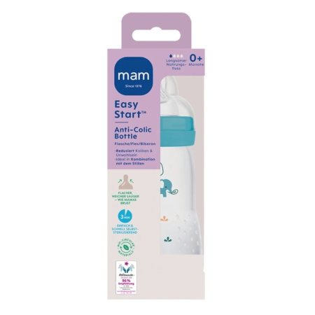 Le biberon anti-colique MAM Easy Start pour nouveau-nés (0+ mois) en bleu et blanc avec des motifs d'animaux, infos en allemand/anglais, est associé à la Douche nourrissante au beurre de karité Winter Moment 200 ml de Nivea pour des soins doux pour bébé. Dakar