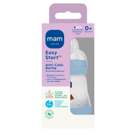 L'emballage du Mam Biberon Anti Coliques Easy Start Bleu dès la Naissance 160 ml met en avant sa tétine semblable à un sein, sa stérilisation facile, son adaptation dès la naissance et sa conception qui réduit les coliques. Dakar