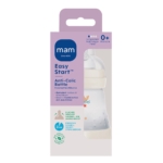 Une boîte de Mam Biberon Easy Start Anti Colic Beige 160 ml pour nouveau-nés (0+ mois) présente un design violet et bleu, montre le biberon et met en avant ses caractéristiques anti-coliques sur la face avant. Dakar