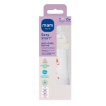 Le Mam Biberon Easy Start Anti Coliques Beige 260 ml est présenté dans un emballage pour 0+ mois, avec une boîte violette et blanche affichant des détails en anglais et en allemand, ainsi qu'une illustration du flacon. Dakar