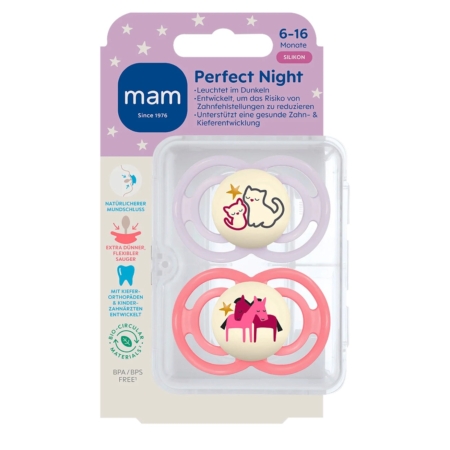 Mam Perfect Nuit Sucette avec Fonction Lumineuse 6 à 16 mois, lot de 2 en rose et violet, arbore des motifs de chats adorables et brille dans le noir pour plus de praticité la nuit. Dakar
