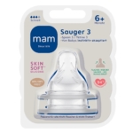 Mam Tétines en Silicone Taille 3 à partir de 6 mois lot de 2, sans BPA/BPS, texture douce comme la peau, acceptée par 94% des bébés ; emballage transparent ; fond blanc avec texte bleu et rose. Dakar