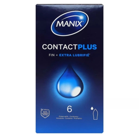 Une boîte bleue de Manix Contact Boîte de 6 préservatifs affiche une grosse goutte d'eau, le texte "Fin + Extra Lubrifié" et indique qu'elle contient 6 préservatifs sur la face avant. Dakar