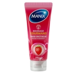 Manix Gel De Massage Gourmand Fraise Comestible 200 ml se présente dans un tube rouge avec une image de fraise et met en valeur sa formule hydratante et douce. Dakar