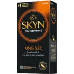 Boîte noire et or de Manix Skyn King Size Préservatifs Sans Latex Grande Taille Boite 10 avec texte : « Ressentez tout », « Coupe confortable », « Pour des sensations peau à peau » et une étiquette sans latex. Dakar