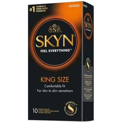Boîte noire et or de Manix Skyn King Size Préservatifs Sans Latex Grande Taille Boite 10 avec texte : « Ressentez tout », « Coupe confortable », « Pour des sensations peau à peau » et une étiquette sans latex. Dakar