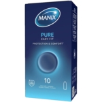 Une boîte de 10 préservatifs Manix Confort bleue contient 10 préservatifs. La face avant présente un motif circulaire, des icônes et des textes tels que "Protection & Confort" et "Testé à 100 %". Dakar