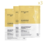 Three Byphasse Masque Tissu Skin Booster Illuminateur 3 Pièces en sachets jaune et blanc avec texte en anglais et français