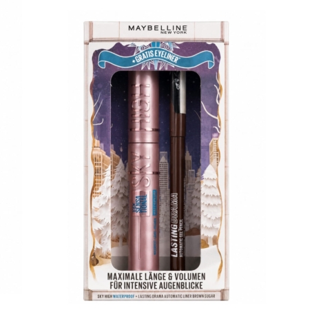 Maybelline Coffret Mascara Lash Sensational et Eyeliner Drama Automatic Liner 30 Brown Sugar comprend un mascara et un eyeliner dans un coffret cadeau festif avec un paysage urbain hivernal et des textes en allemand et en anglais. Dakar