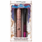 Coffret Maybelline Lash Sensational Sky High Mascara Brown et Hyper Precise All Day Liner Forest Brown dans une boîte d'hiver avec des arbres et de la neige. Le texte en allemand met en avant l'eyeliner gratuit et les avantages du produit. Dakar
