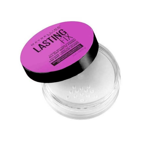 Un contenant transparent de Poudre matifiante Master Fix Powder de Maybelline New York, 6 g, avec un couvercle violet est ouvert, faisant écho aux teintes vibrantes de Dakar. Le couvercle affiche le texte et la marque du produit. Dakar